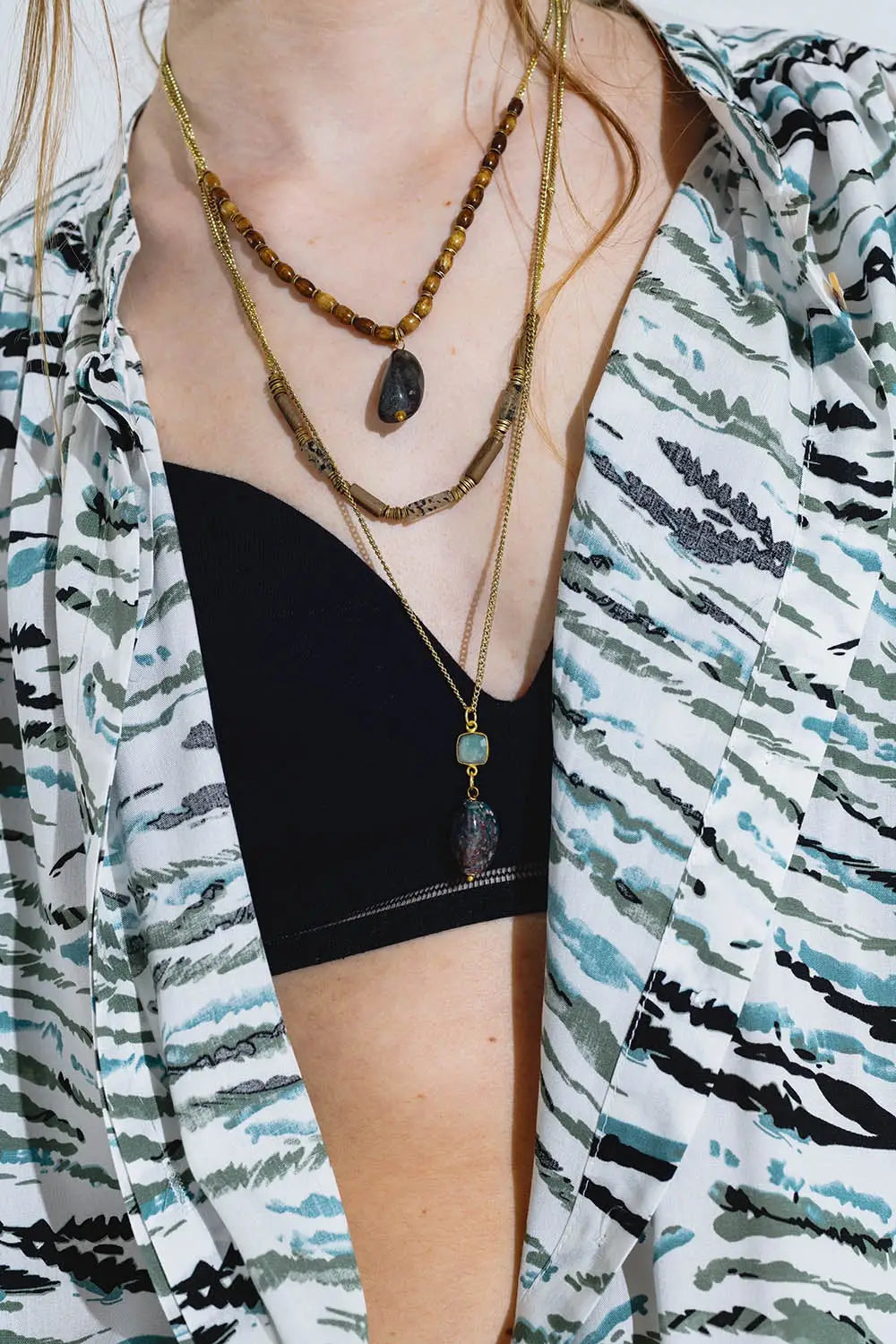 Ethnic 3 in 1 Necklace With Large Stones and Natural Beads - GOLD