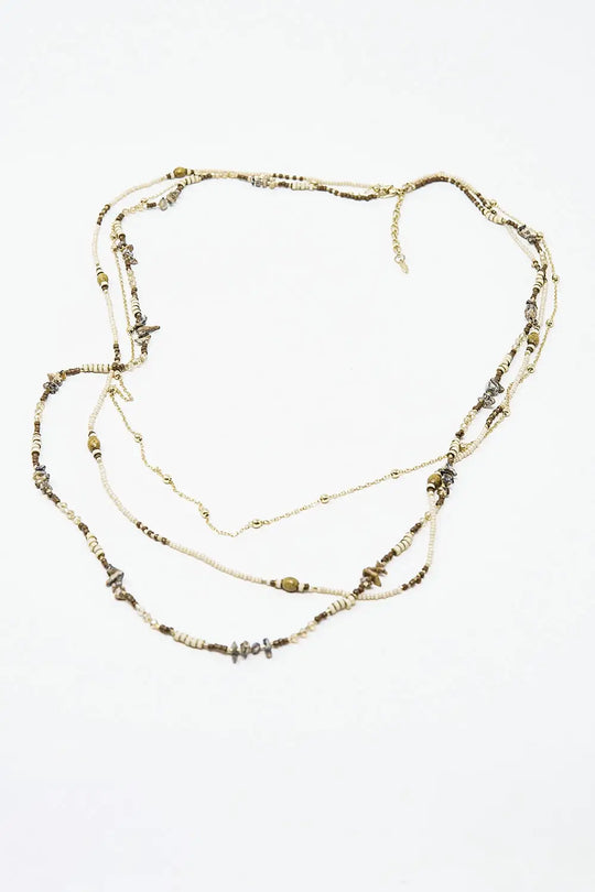 3 in 1 necklace with different type of beads - GOLD