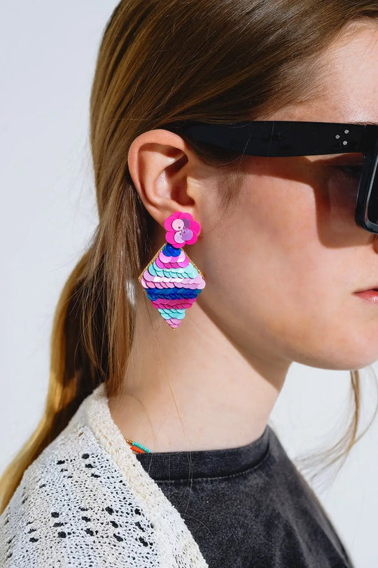 Diamond shape Earrings With Multicolor Sequin details. - FUCHSIA / ONE - Earrings