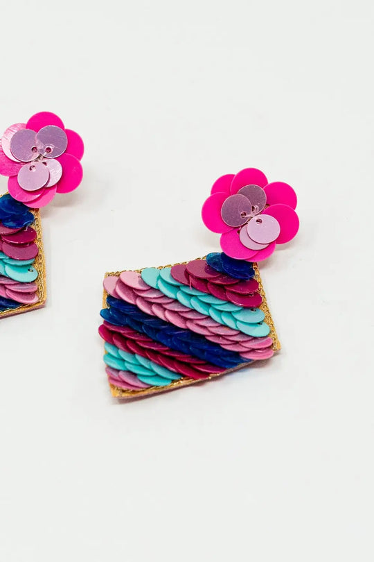 Diamond shape Earrings With Multicolor Sequin details. - FUCHSIA / ONE - Earrings
