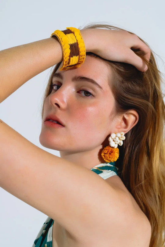 Earrings With Cream Seashells and Yellow Pom Poms - YELLOW / ONE - Earrings
