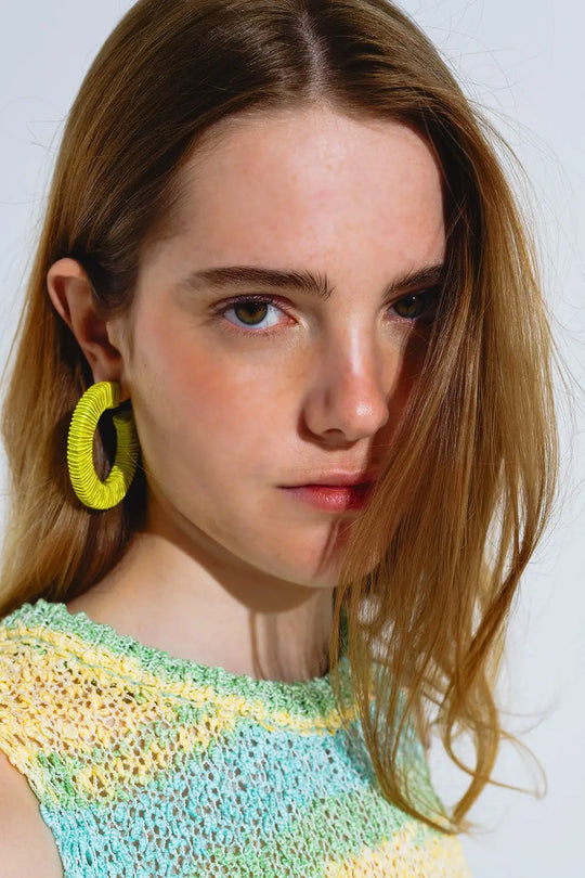 Lime Hoop Earrings With Woven Pattern - GREEN / ONE - Earrings