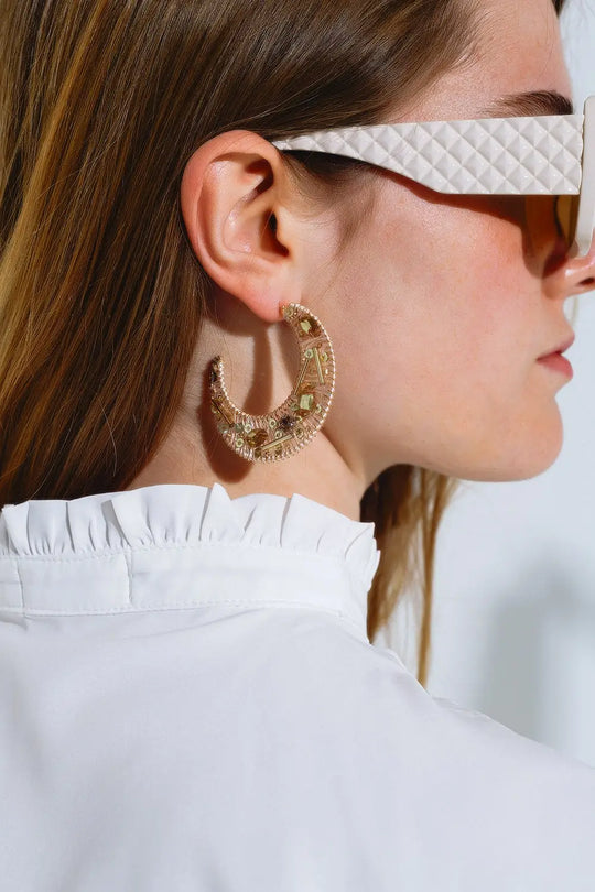Beige Big Round Wocen Earrings With Gold Embellishments - BEIGE / ONE - Earrings