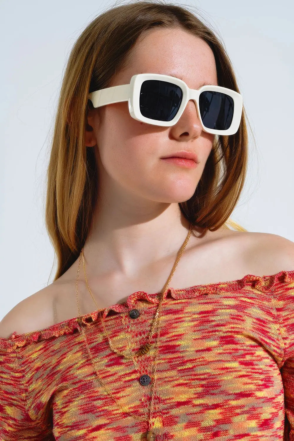 Oversized Rectangular Sunglasses With Wide Frame in White - CREAM / ONE - Sunglasses