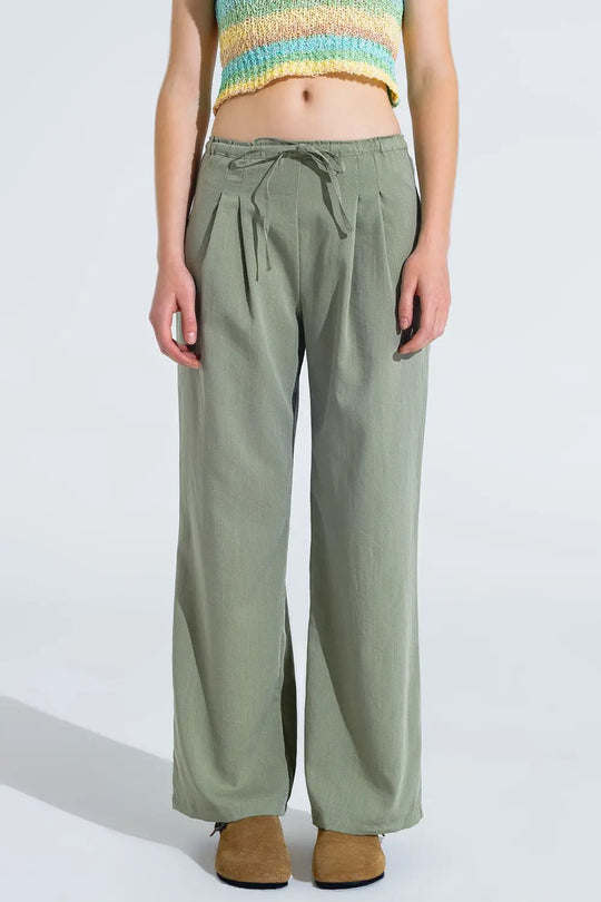 Light Green Relaxed Pants With Drawstring Closing And Side Pockets - Pants