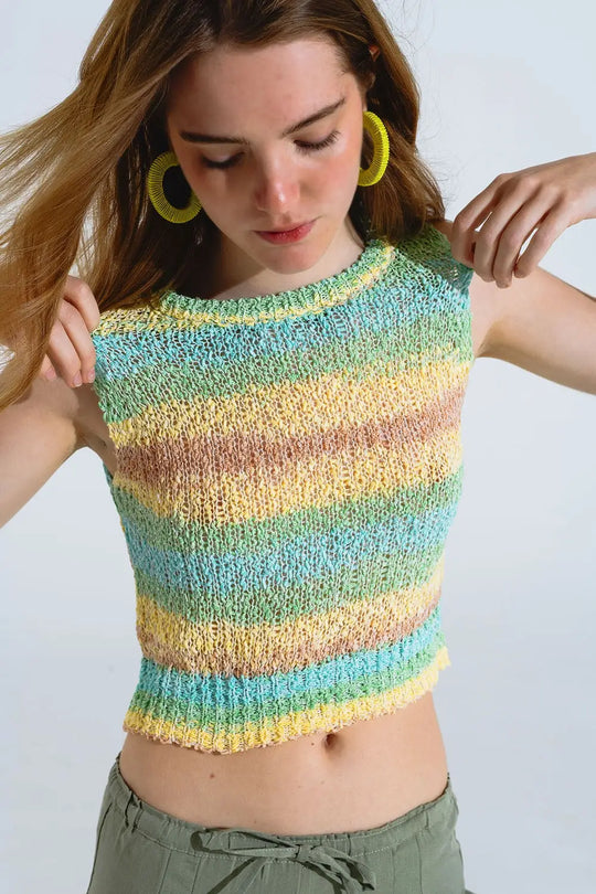 Knitted Multicolor Sleeveless Sweater With Stripes and Crew Neckline - GREEN / ONE - Sweaters