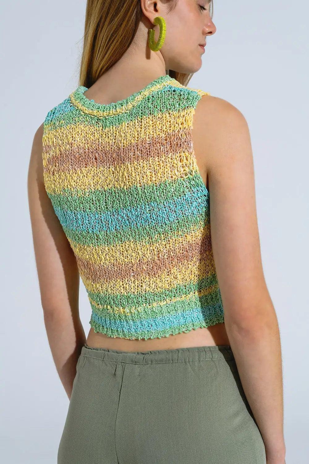 Knitted Multicolor Sleeveless Sweater With Stripes and Crew Neckline - GREEN / ONE - Sweaters