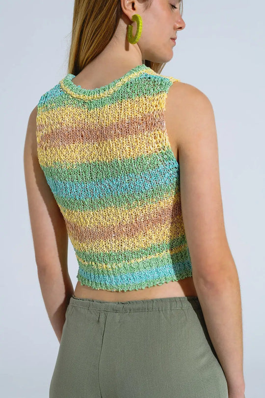 Knitted Multicolor Sleeveless Sweater With Stripes and Crew Neckline - GREEN / ONE - Sweaters
