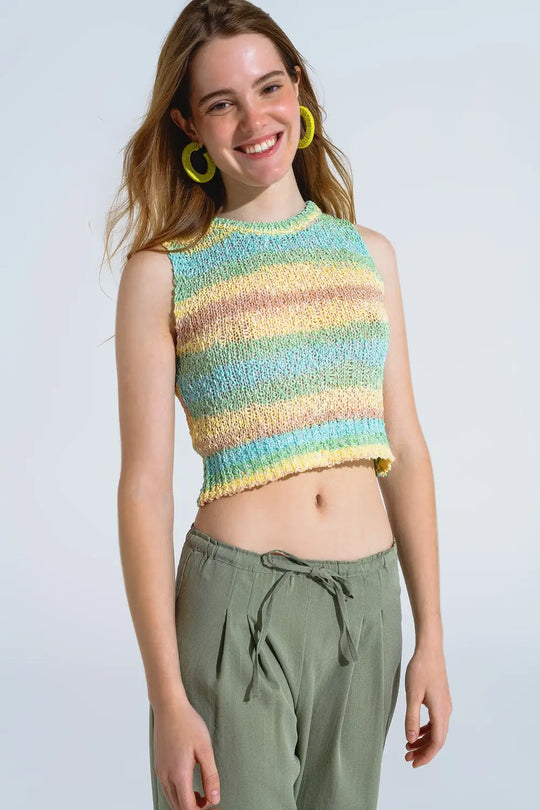 Knitted Multicolor Sleeveless Sweater With Stripes and Crew Neckline - GREEN / ONE - Sweaters