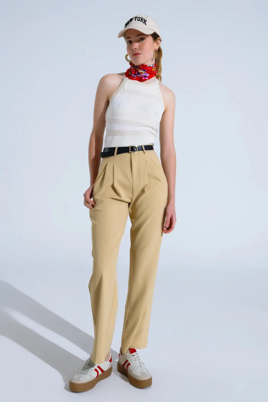 Straight Leg Trousers With Side Pockets and Darts in Beige - Pants