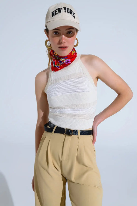 Beige Halter Tank top With Stripe Design In Different Knits - BEIGE / ONE - Tops Sweaters