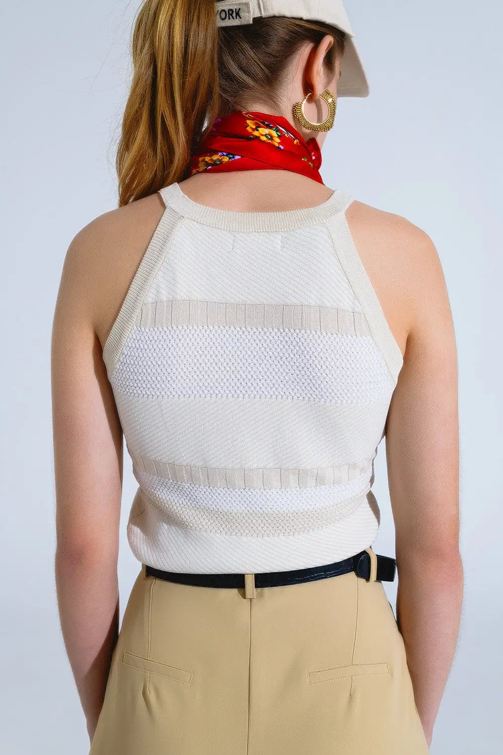 Beige Halter Tank top With Stripe Design In Different Knits - BEIGE / ONE - Tops Sweaters