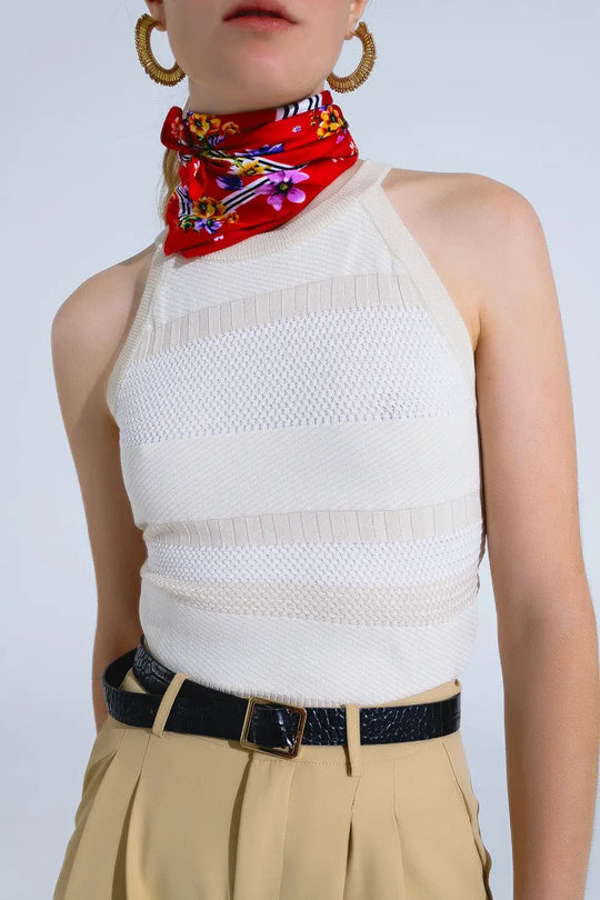 Beige Halter Tank top With Stripe Design In Different Knits - BEIGE / ONE - Tops Sweaters