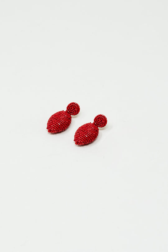 Oval Shape Beaded Earrings in Red