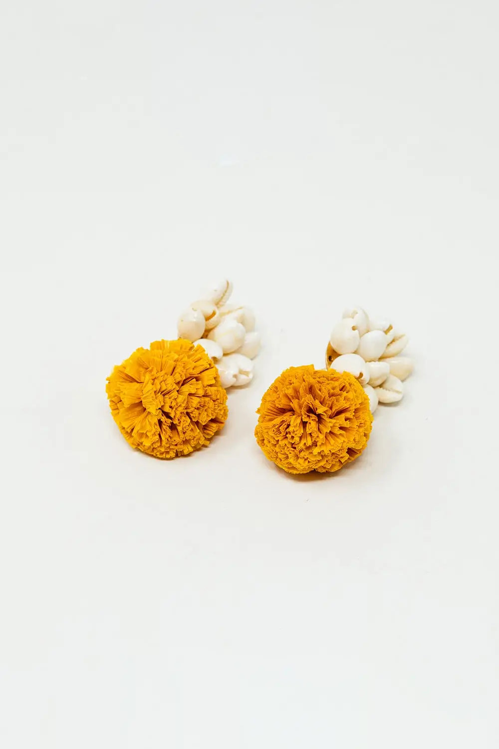 Earrings With Cream Seashells and Yellow Pom Poms - YELLOW / ONE - Earrings
