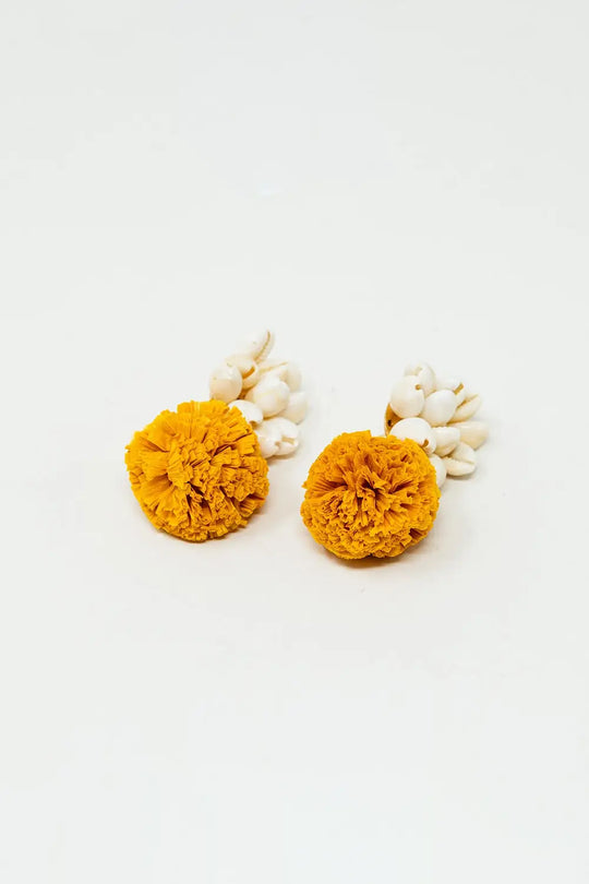 Earrings With Cream Seashells and Yellow Pom Poms - YELLOW / ONE - Earrings