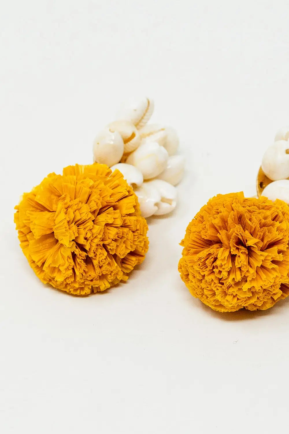 Earrings With Cream Seashells and Yellow Pom Poms - YELLOW / ONE - Earrings