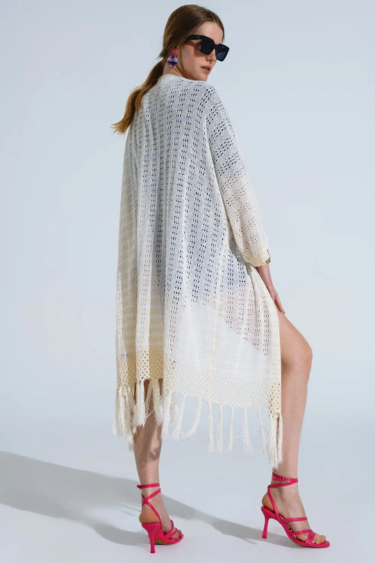 Cream Boho Style Cardigan With Stripes Pointelle Knit and Fringe Details - BEIGE / ONE - Cardigans