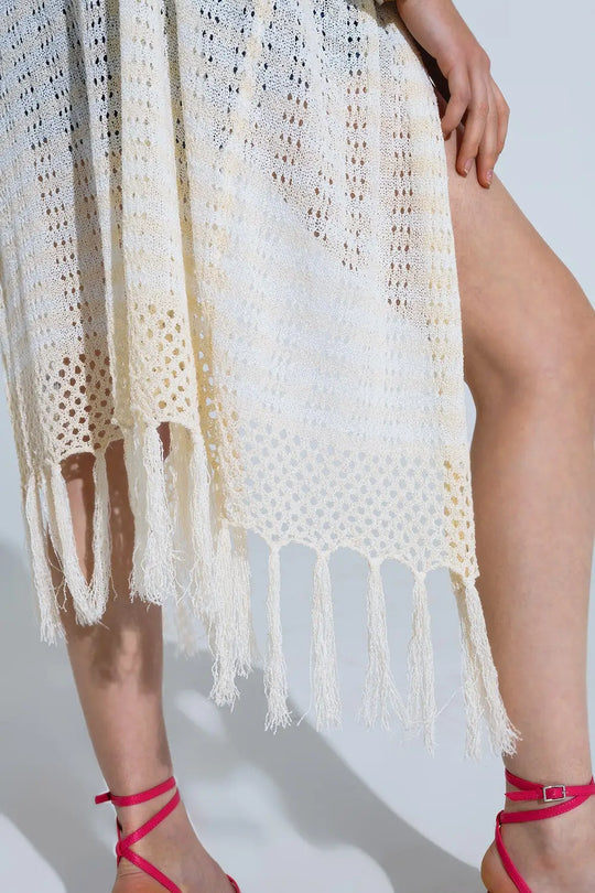 Cream Boho Style Cardigan With Stripes Pointelle Knit and Fringe Details - BEIGE / ONE - Cardigans