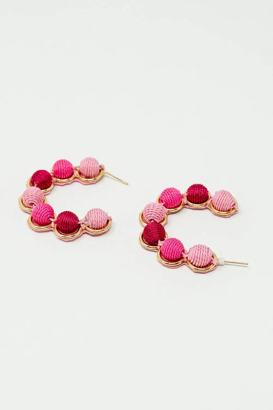 Gold Hoop Earring With Woolen Spheres in Pink and Fuchsia - FUCHSIA / ONE - Earrings