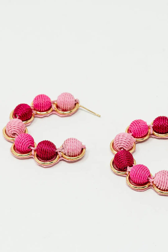 Gold Hoop Earring With Woolen Spheres in Pink and Fuchsia - FUCHSIA / ONE - Earrings