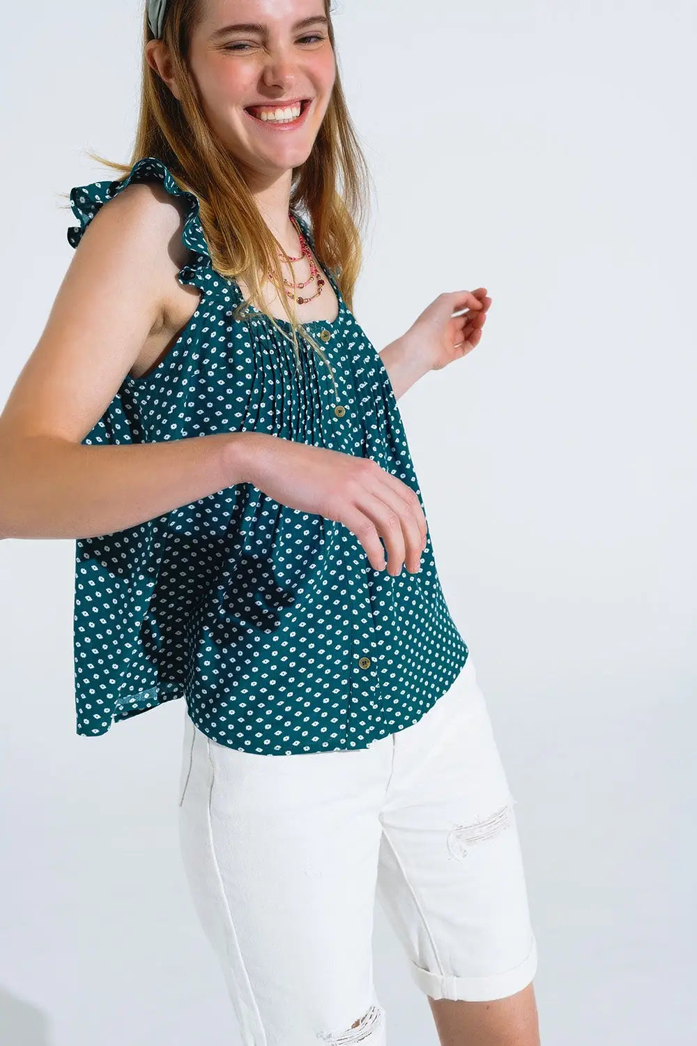 Button Up Blouse With Frilly Short Sleeves and Flower Print in Green - Tops
