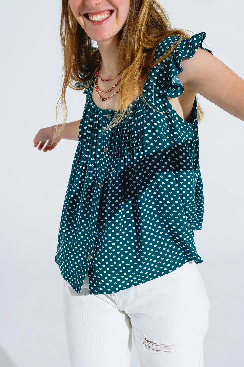 Button Up Blouse With Frilly Short Sleeves and Flower Print in Green - Tops
