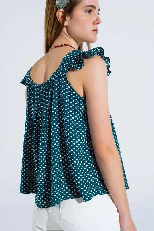 Button Up Blouse With Frilly Short Sleeves and Flower Print in Green - Tops