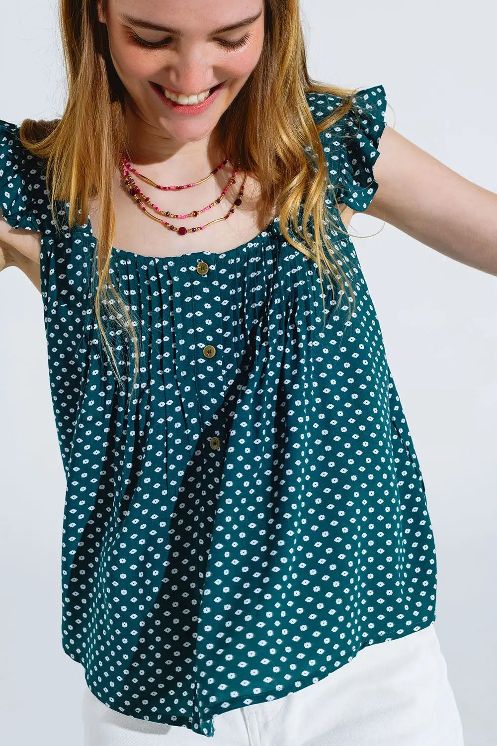 Button Up Blouse With Frilly Short Sleeves and Flower Print in Green - Tops