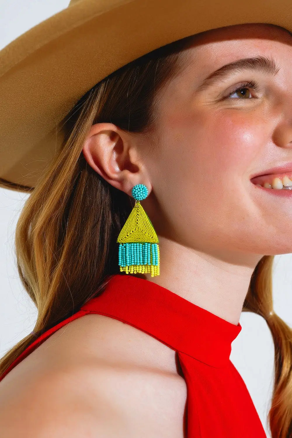 Turquoise Drop Earings With Lime Pyramid and Fringe - GREEN / ONE - Earrings