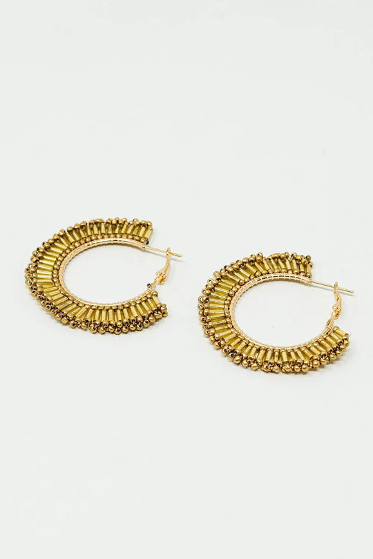 Medium Hoops With Beaded Details in Gold - BEIGE / ONE - Earrings