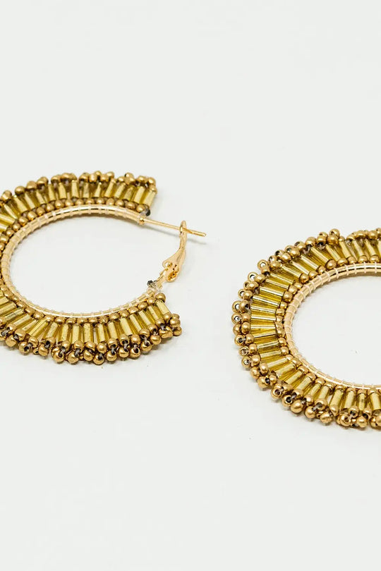 Medium Hoops With Beaded Details in Gold - BEIGE / ONE - Earrings