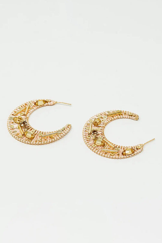 Beige Big Round Wocen Earrings With Gold Embellishments - BEIGE / ONE - Earrings