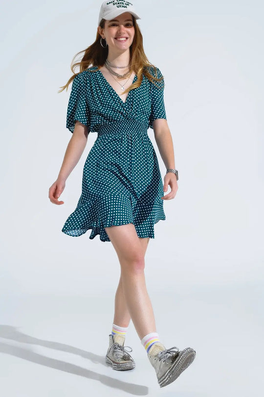 Green Mini Dress With Wrap Front Cinched Waist And Floral Print - Dresses