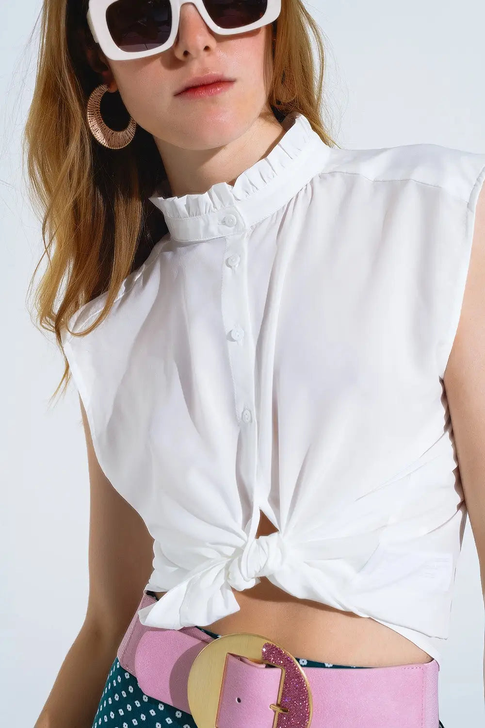 Mao Collar Sleeveless White Button up Blouse - Shirts