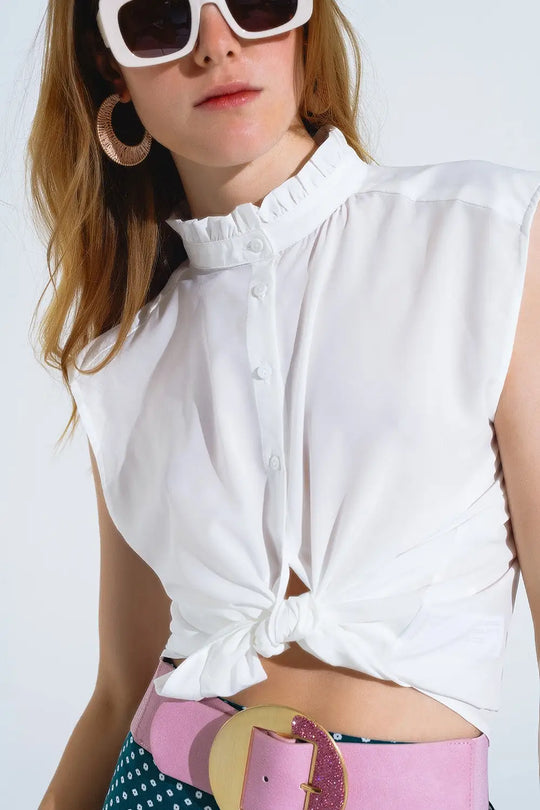 Mao Collar Sleeveless White Button up Blouse - Shirts