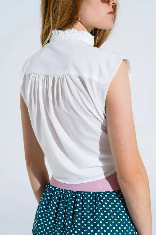 Mao Collar Sleeveless White Button up Blouse - Shirts