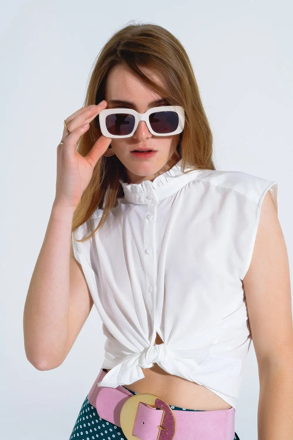 Mao Collar Sleeveless White Button up Blouse - Shirts