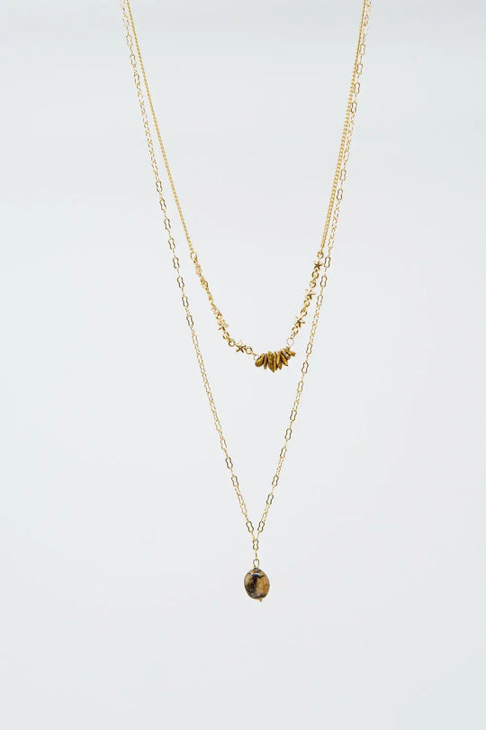 2 in 1 necklace with stone pendant and star details - GOLD