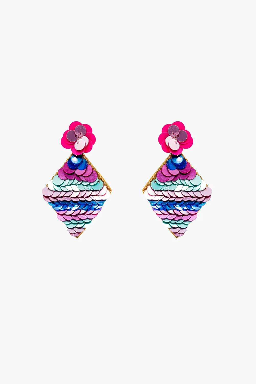 Diamond shape Earrings With Multicolor Sequin details. - FUCHSIA / ONE - Earrings