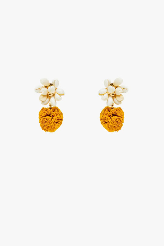 Earrings With Cream Seashells and Yellow Pom Poms - YELLOW / ONE - Earrings
