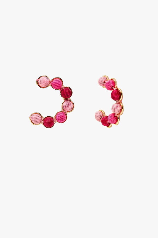 Gold Hoop Earring With Woolen Spheres in Pink and Fuchsia - FUCHSIA / ONE - Earrings