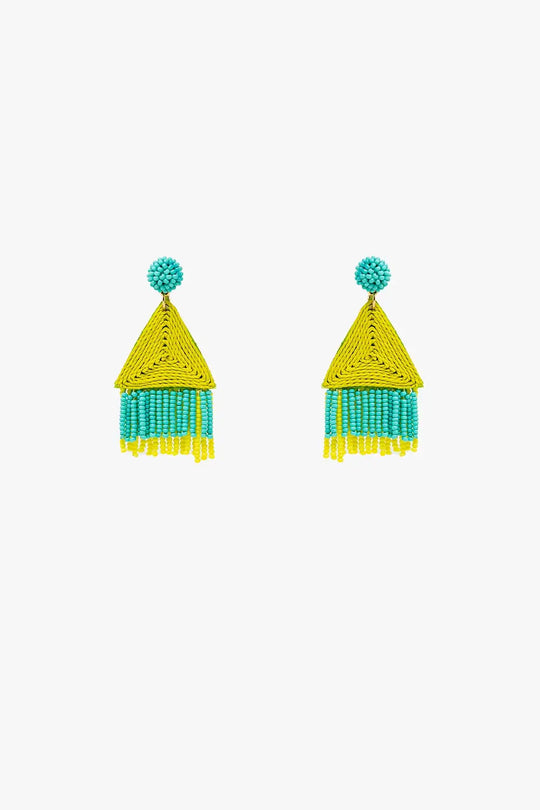 Turquoise Drop Earings With Lime Pyramid and Fringe - GREEN / ONE - Earrings