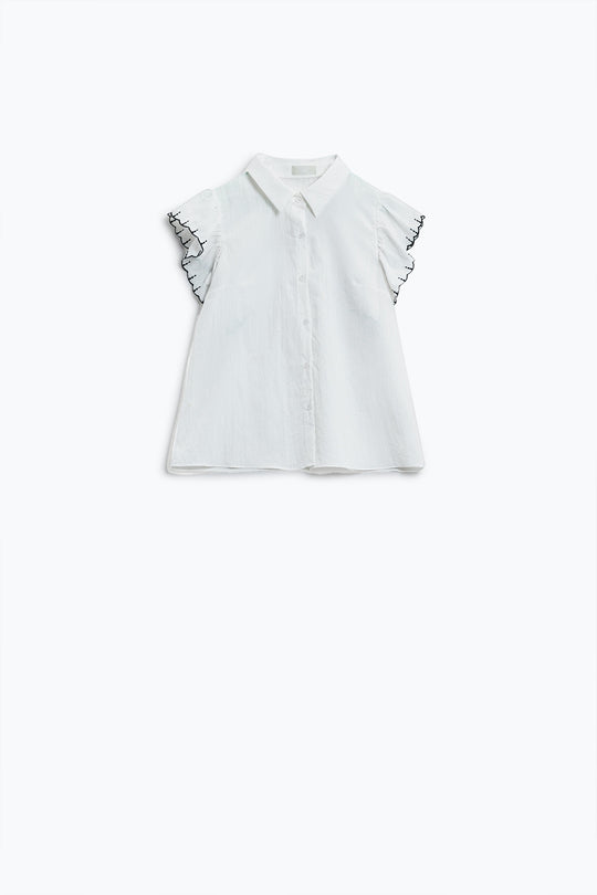 White Button Up Shirt With Polo Collar And Ruffled Sleeves With Black Trim