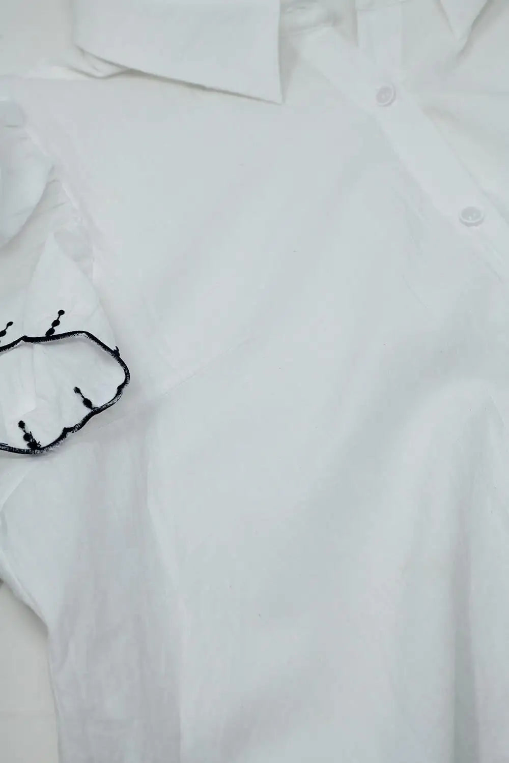 White Button Up Shirt With Polo Collar And Ruffled Sleeves With Black Trim - Shirts