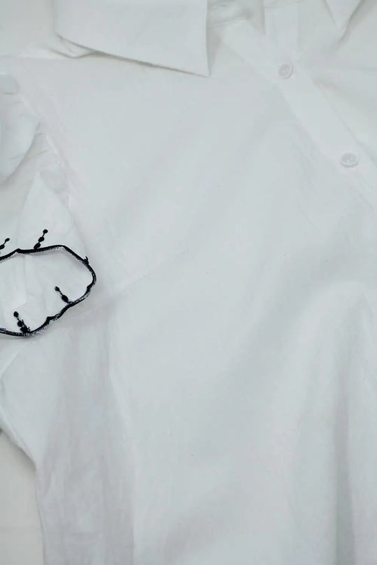 White Button Up Shirt With Polo Collar And Ruffled Sleeves With Black Trim - Shirts