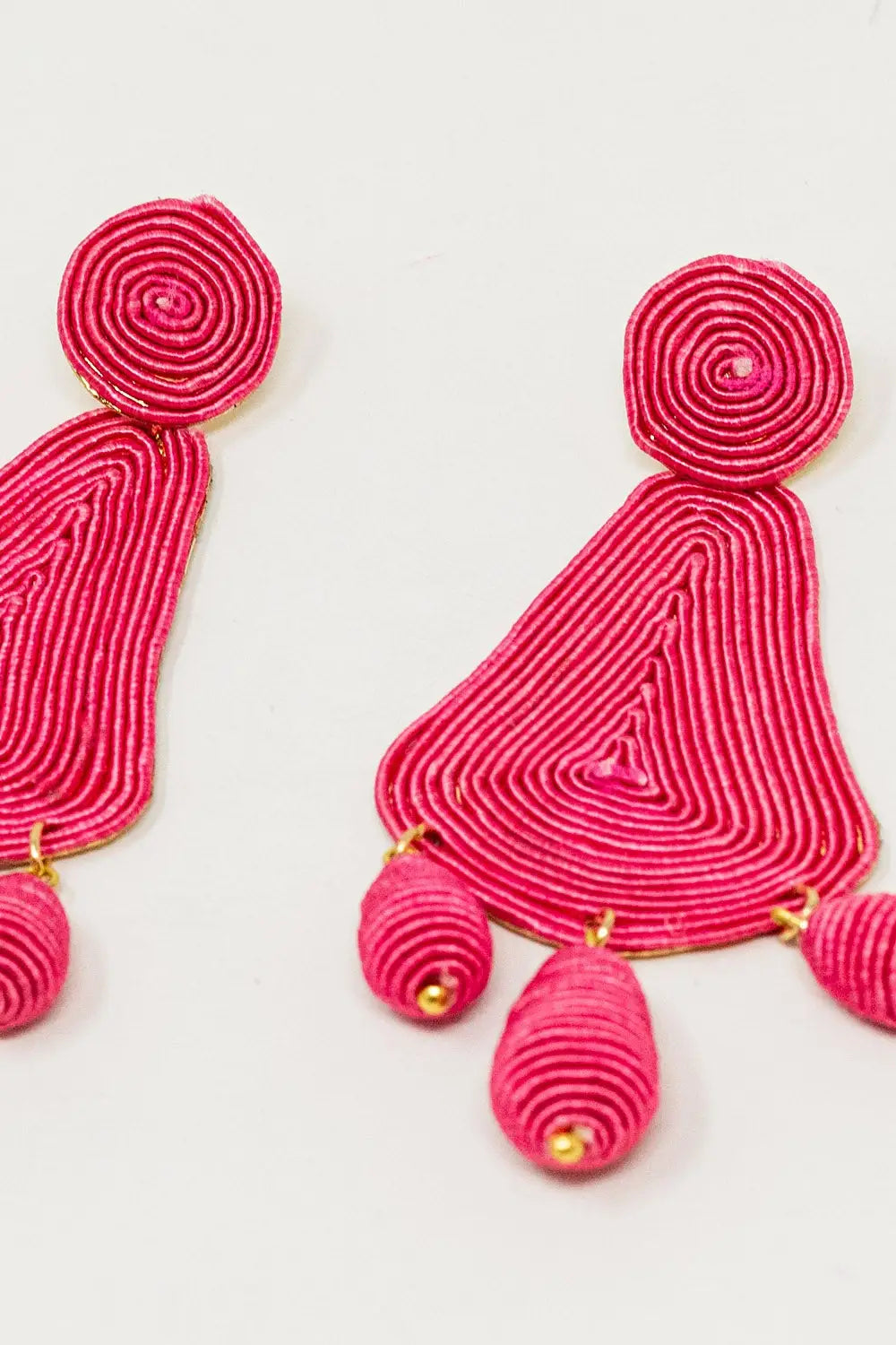 Tear drop Rafia Earrings With Oval Beads In Fuchsia - FUCHSIA / ONE - Belts Earrings