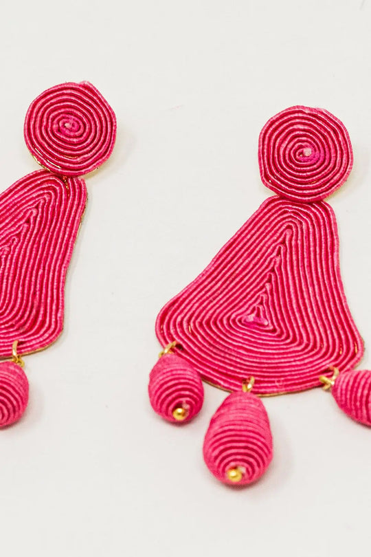 Tear drop Rafia Earrings With Oval Beads In Fuchsia - FUCHSIA / ONE - Belts Earrings