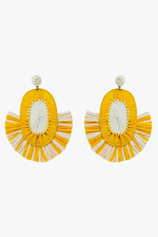 Maxi Dropped Raffia Earrings with Yellow and White Tassels - YELLOW / ONE - Belts Earrings