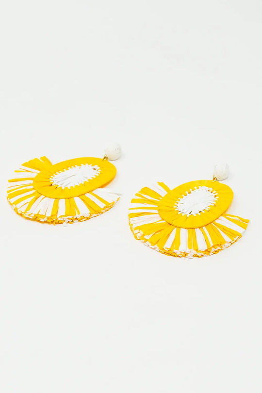 Maxi Dropped Raffia Earrings with Yellow and White Tassels - YELLOW / ONE - Belts Earrings